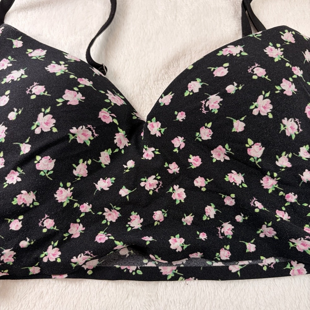 PINK Victoria's Secret Loungin Wireless Push-Up Bra XS Black Floral 32A 32B GUC - Picture 2 of 6
